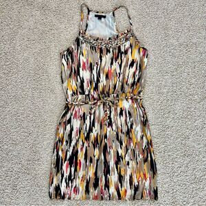 BANANA REPUBLIC Halter A Line Dress Macrame Neck and Belt Black Tan 4